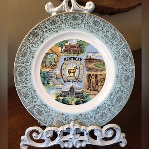 Vtg  Kentucky Souvenir Porcelain Plate Landmarks  MCM Blue Gold Filigree Horses